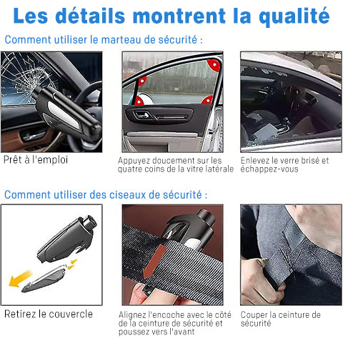 Marteau De Sécurité Voiture 3 En 1 - Coupe-ceinture + Brise-vitre