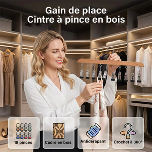 Cintre en bois à pinces multiples pour l'organisation de la garde-robe