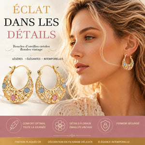 Créoles en forme de croissant plaqué or avec fleurs émaillées
