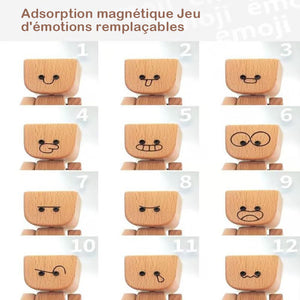 Charmante petite figurine en bois qui se balance avec 12 expressions magnétiques