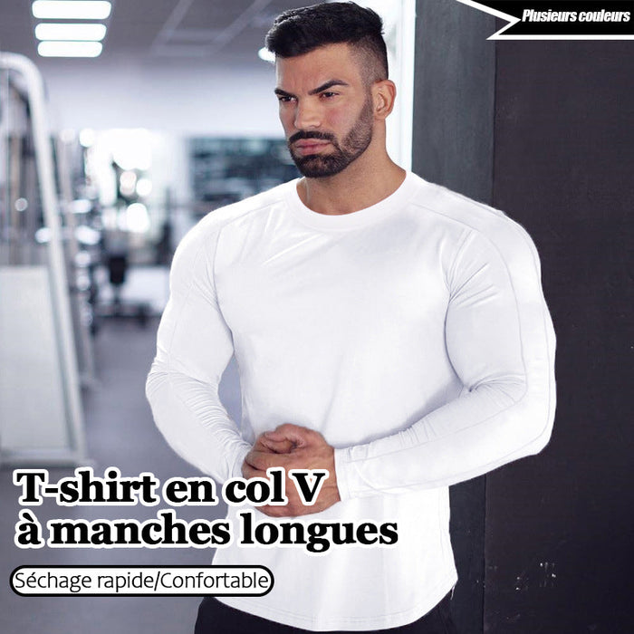 T-shirt en col V à manches longues couleur unie