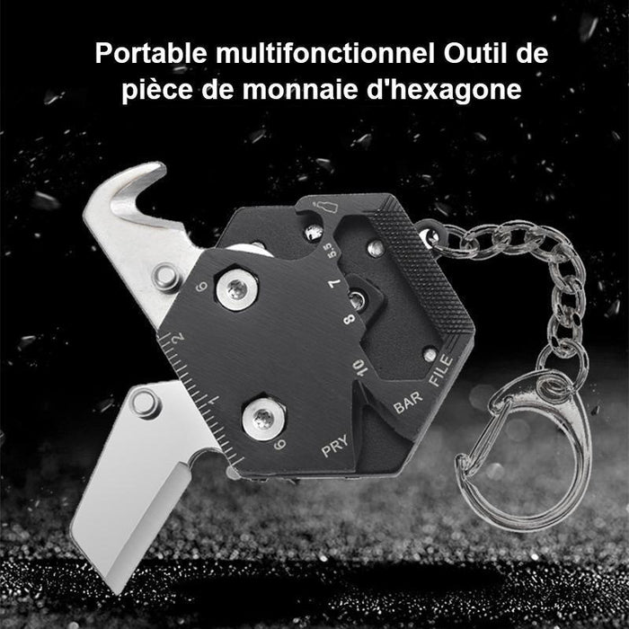 Porte-clés multifonctionnel d'outil de pièce de monnaie d'hexagone portatif