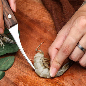 Outil à crevettes en acier inoxydable avec manche en bois