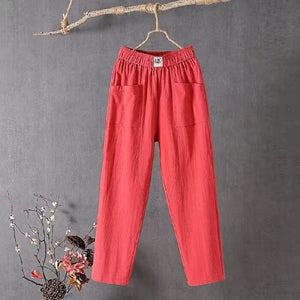 Pantalon décontracté en coton et lin à taille élastique