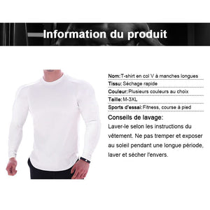 T-shirt en col V à manches longues couleur unie