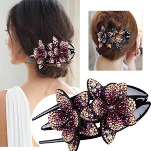 Pince à cheveux double fleur strass