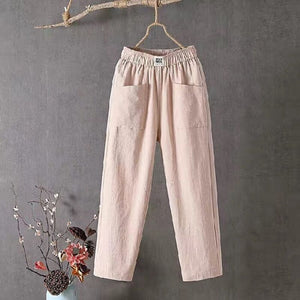 Pantalon décontracté en coton et lin à taille élastique